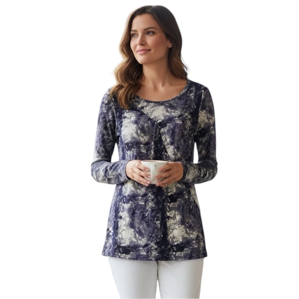 Simply Vera Vera Wang long-sleeve top with a purple, gray, black abstract, Small